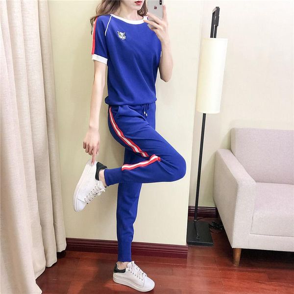 

women's two piece pants 2021 spring and summer ice silk knitted two-piece fashion contrast slim fit leisure sports suit women, White