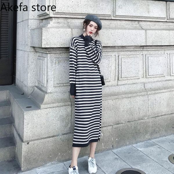 

casual dresses fashion black white striped o-neck knitted hem split design long sleeve dress streetwear loose midi sweater, Black;gray