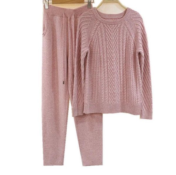 

winter woolen + cashmere cross knitted warm suit velvet o-neck sweater + mink cashmere trousers leisure two-piece suits wj1362, White