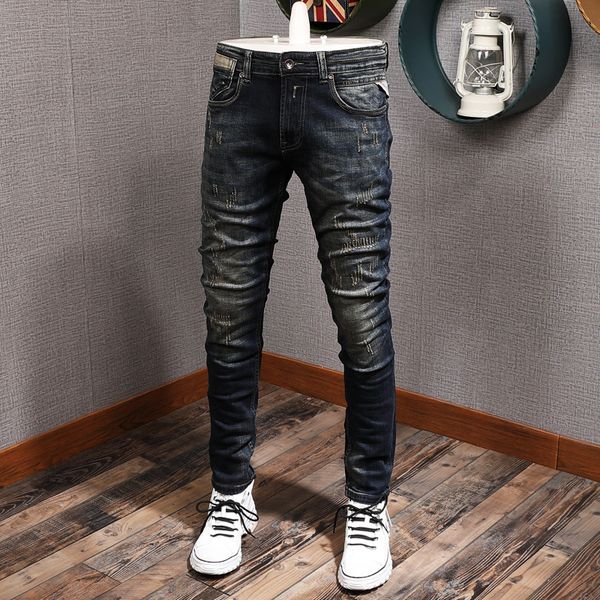 

2021 new fashion streetwear men slim fit black blue ripped jeans italian vintage designer denim long pants hombre rr0v