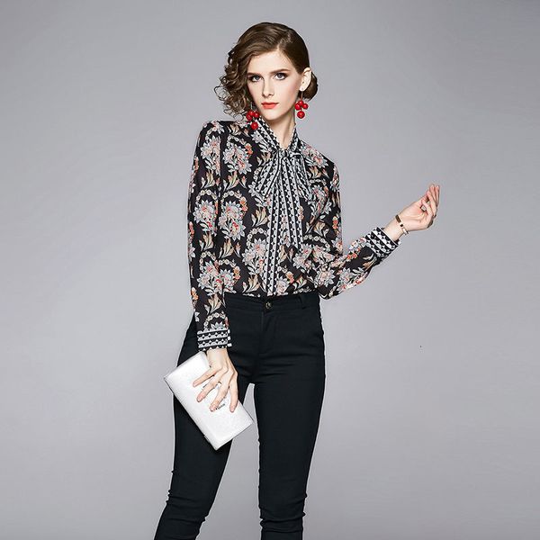 

women's mode bow design quality sleeve printed shirt lady of the elegant 3m36, White