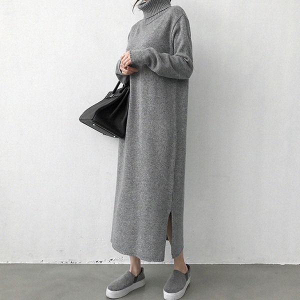 

2021 new winter es long straight jumpers knitting pullover lady turtleneck soft 2 color sweater hk366 oojh, Black;gray