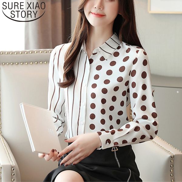 2021 elegante Langarm Polka Dot Büro Damen Hemd Frauen Mode Frühling Chiffon Bluse Taste Gestreiften Koreanische Tops 7185 50 210225