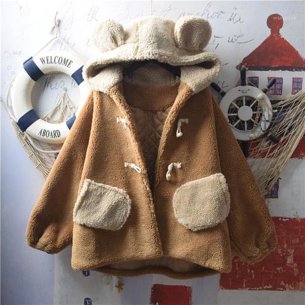 

women's fur & faux japanese soft girl ears hooded lamb wool jacket kawaii bear streetwear chic parkas coat female teddy jackets, Black