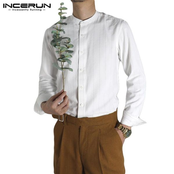 

men striped shirt stand collar 2021 long sleeve casual blouse harajuku button streetwear leisure camisa masculina incerun s-5xl, White;black