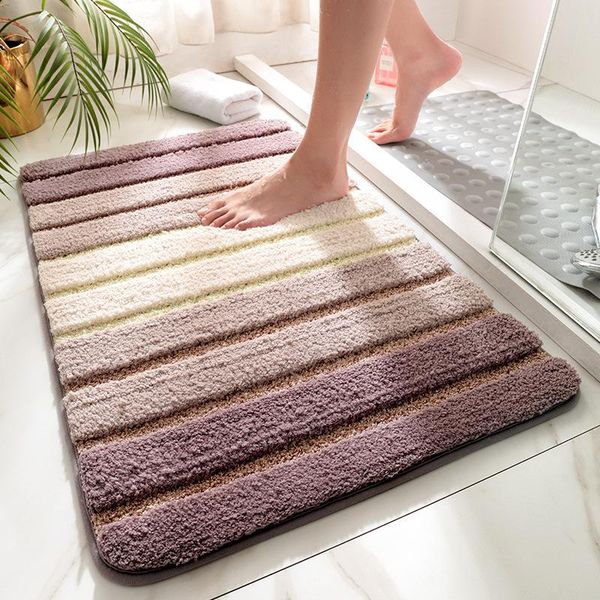 

simple striped microfiber bath mat absorbent and quick-drying foot mat super soft flocking bath rug tpr non-slip entrance