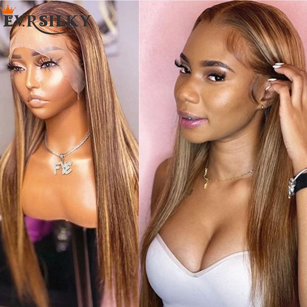 

highlights 13x4 lace front human hair wigs with bleached knots straight brown honey blonde brazilian 360 frontal wig 200density, Black