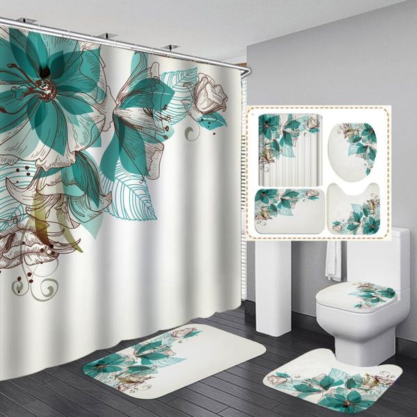 

plants and flowers print shower curtain toilet mat floor mat 4 piece set thick polyester bathroom shower curtains