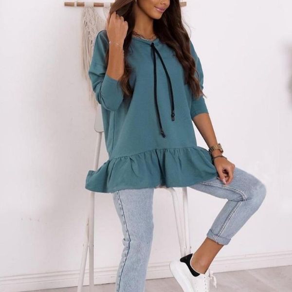 

women's t-shirt yana fashion loose o neck tshirts women elegant casual solid drawstring ruffles long sleeve mid length tees ladies, White