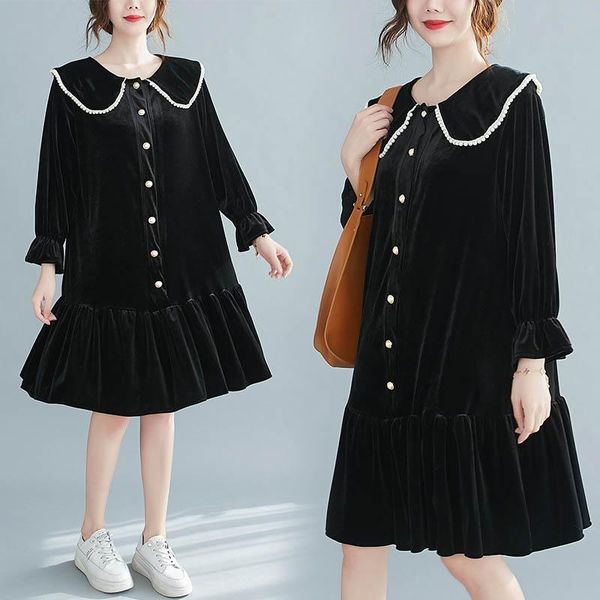

casual dresses 150kg plus size women's loose long sleeve doll collar beaded dress bust 152cm 6xl 7xl 8xl 9xl sweet gold velvet black, Black;gray