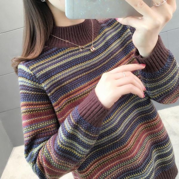 

women's sweaters women half high collar stripe sweater plush and loose versatile wear autumn \winter 2021 foreign lazy style thickened, White;black
