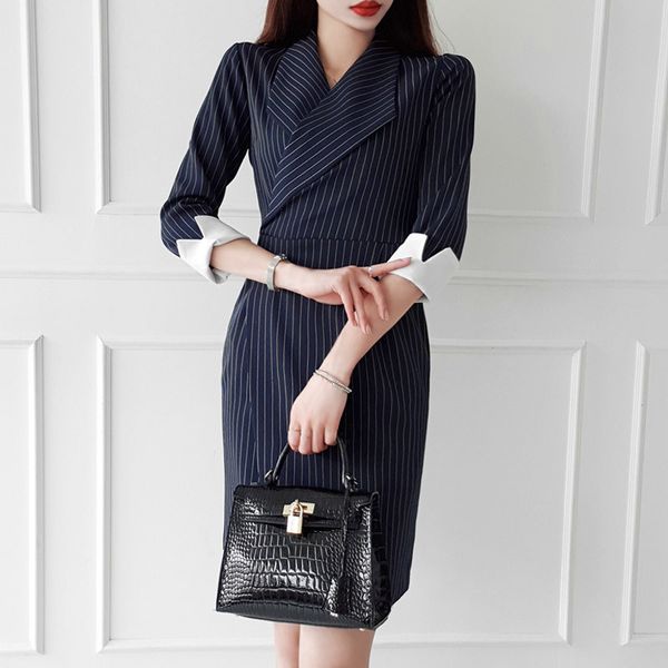 

2021 new fashion women formal office notched collar long sleeve striped pencil casual ladies work business ol dress 62x6, Black;gray