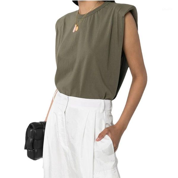 

summer women sleeveless t shirt o-neck simple vest tee with shoulder pads women's t-shirt, White