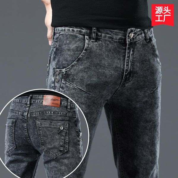 

men's jeans 2021 autumn black snowflake youth stretch slim-fitting small straight trousers, Blue