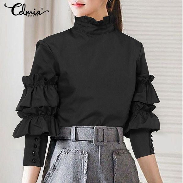 

celmia women elegant ruffled lantern sleeve blouse 2021 fashion office lady shirts casual high collar blusas solid tunic 5xl, White