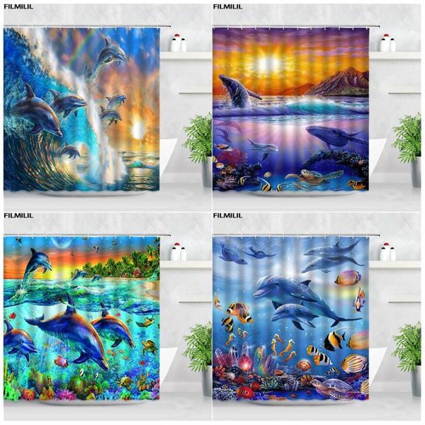 

shower curtains sea wave dolphin dusk ocean animals landscape waterproof fabric bath curtain polyester bathroom decor with hooks