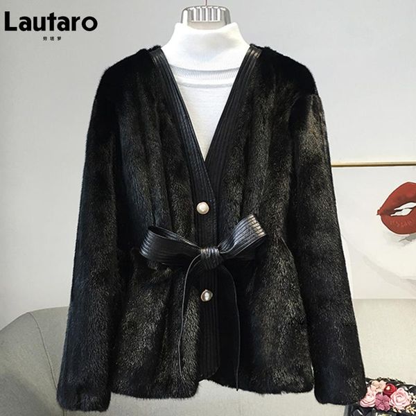 

women's fur & faux lautaro winter black thick warm mink coat women with deep v neck long sleeve korean fashion 2021 fluffy furry jacket