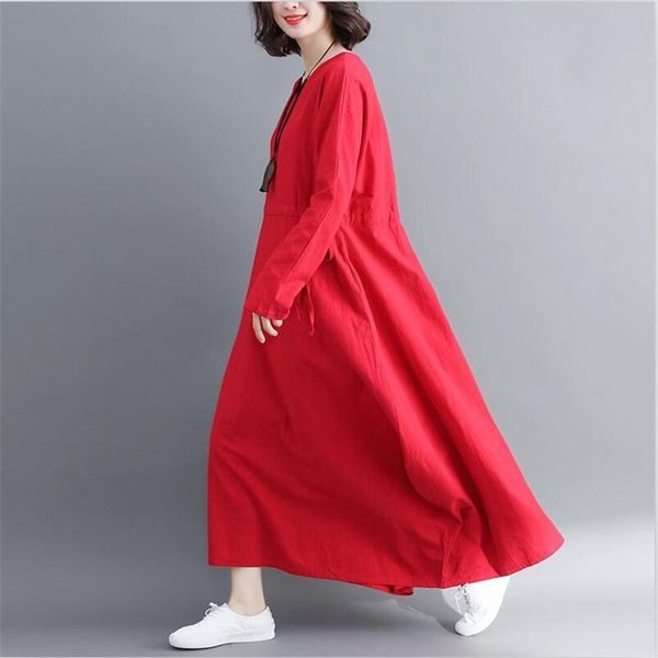 

casual dresses cotton and linen women full sleeves long dress literary style solid vintage loose slim sashes maxi vestido plus size 2xl, Black;gray