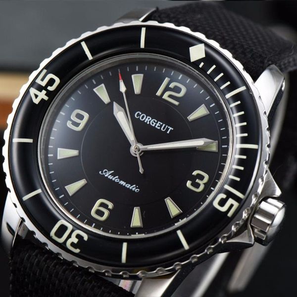 

wristwatches corgeut 45mm automatic mechanical man watch business clock luxury brand luminous waterproof canvas strap wristwatch men, Slivery;brown