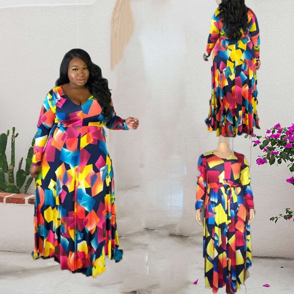 

net red large print waist closing temperament v-neck swing dress, Black;gray