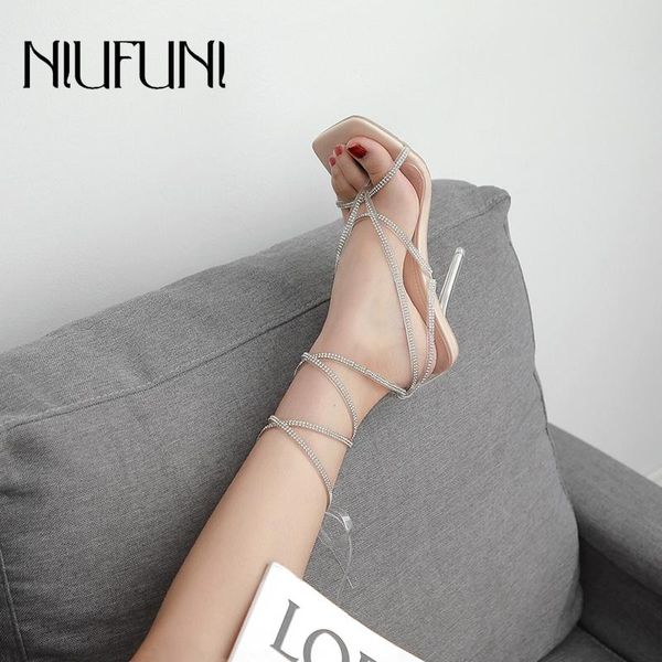 

sandals niufuni 2021 women's rhinestone cross ankle strap square toe crystal high heels shoes plus 35-42, Black