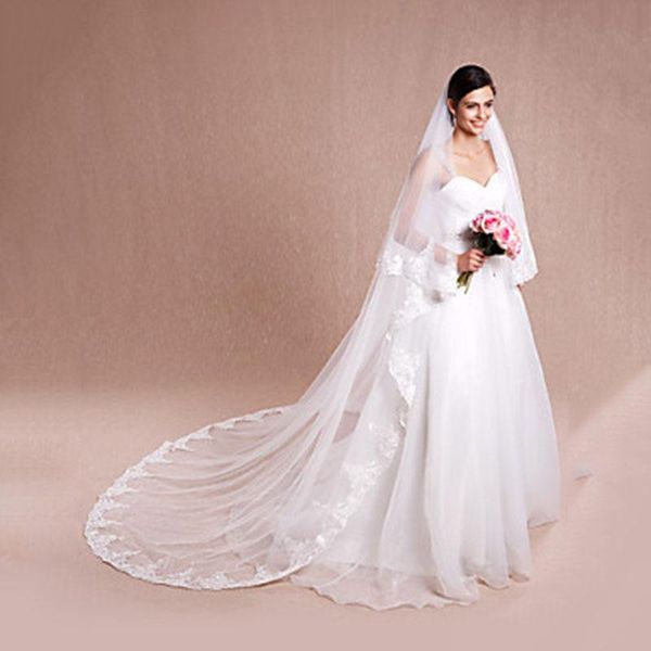 

bridal veils white ivory wedding 2 layers tulle lace veil appliques catchedral long veu de noiva, Black