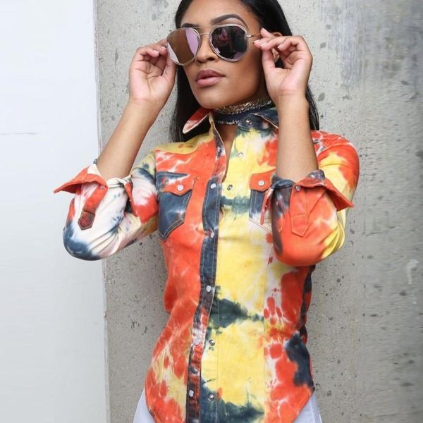 

women's blouses & shirts tie dye print women full sleeve pockets streetwear office lady blouse 2021 spring vintage slim blusas, White