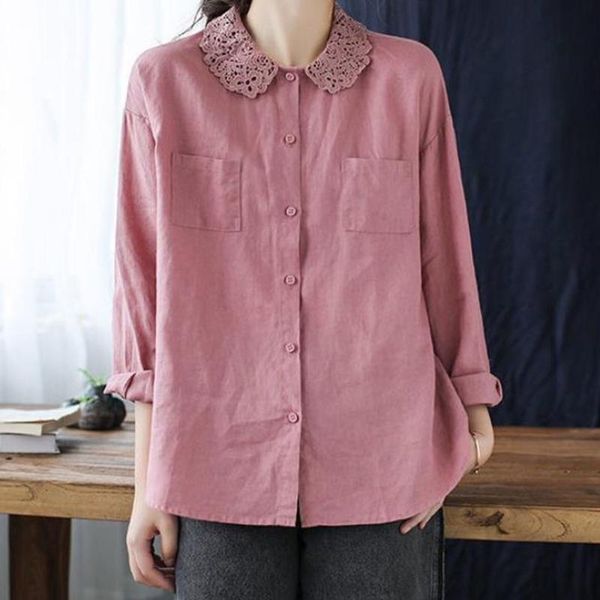 

plus size women blouses 2021 new arrival vintage lace lapel long sleeve tunic cotton linen shirt korean streetwear blusa, White