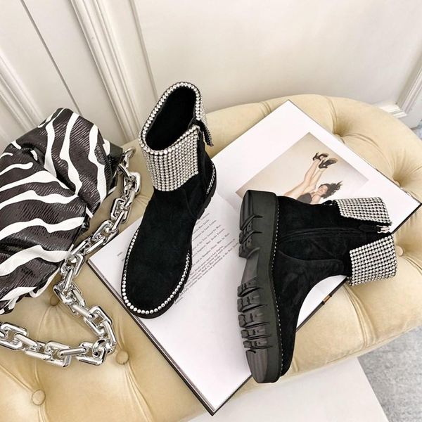 

boots crystal rhinestone woman ankle genuine leather black solid color round toe ladies shoes luxury designer zapatos de mujer