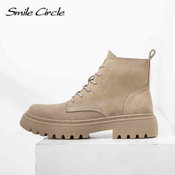 

smile circle ankle boots suede leather women flat platform short boots ladies shoes fashion autumn winter boots k78, Black