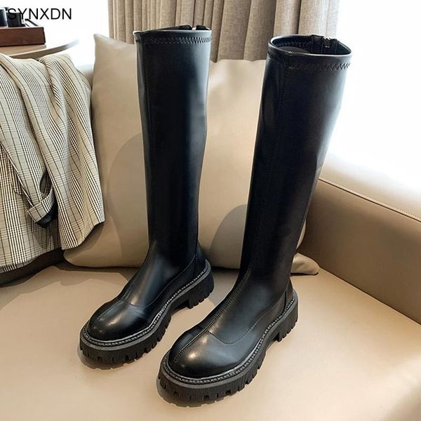 

boots synxdn brand women knee high platform back zip round toe autumn long botas british style slim quality, Black