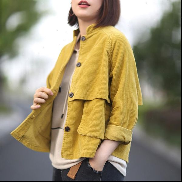 

autumn casual fashion patchwork pocket stand corduroy coats 2021 new solid color long sleeve vintage women short coats, Black;brown