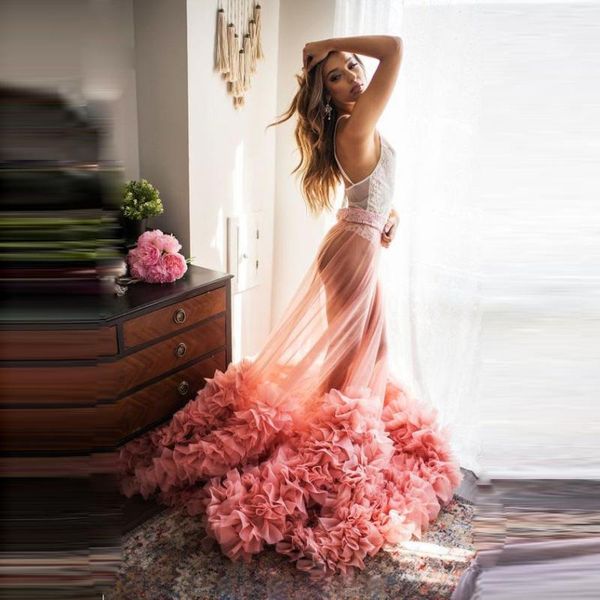 

see through rufflus long tulle skirts jupe femme long ruched tulle women skirts formal birthday female blush pink bridal skirt, Black