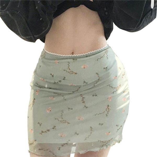 

skirts women's mesh bodycon mini skirt female summer vintage floral print high waist lettuce trim short pencil boho travel 2021, Black