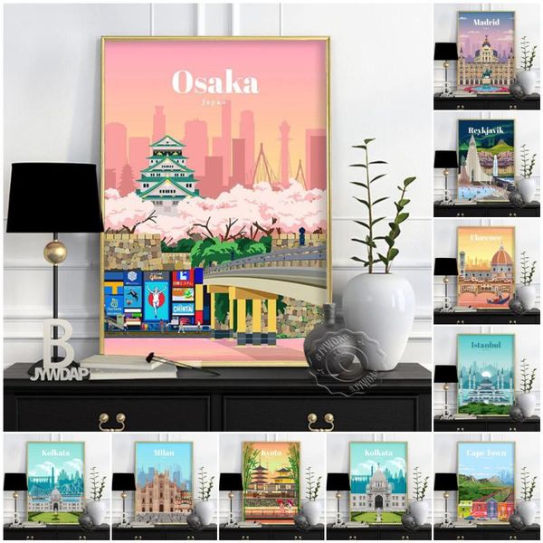 

paintings world city travel poster, japan tokyo osaka spain madrid watercolor print, florence milan santiago chicago wall decor