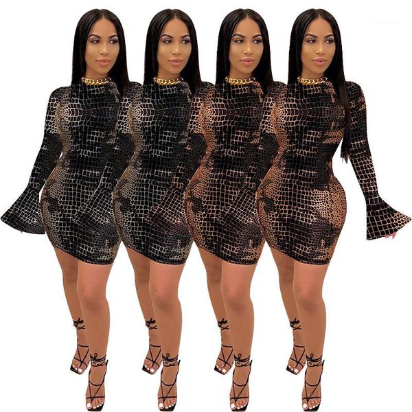 

womens bodycon dresses casual spring autumn females clothing personality snakeskin print womens designer dresses fashion flare sleeve, Black;gray