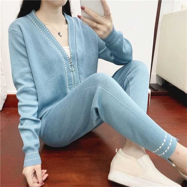 

spring/autumn 2 piece outfits for women pants and fashion casual v-neck knit two set slim clothing 211106, White