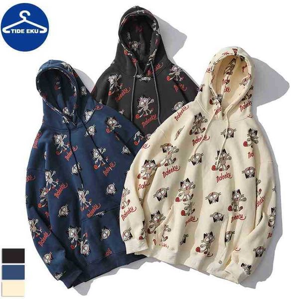 

tideeke new casual kitten cartoon print loose hooded cotton sweater for men, Black