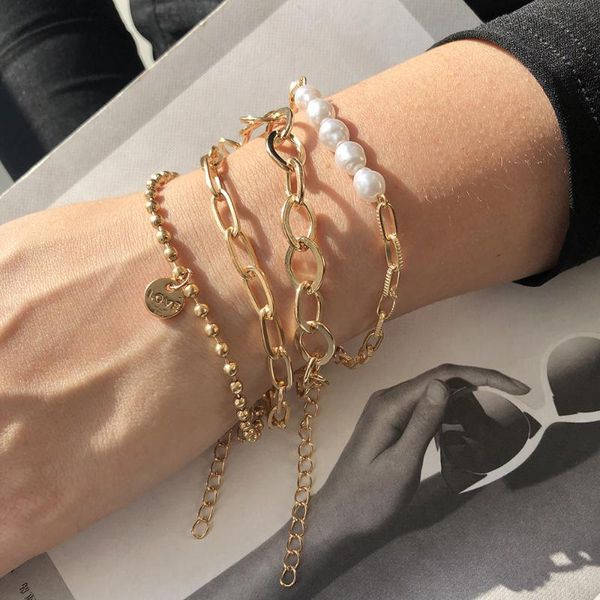 

charm bracelets 4 pcs/set alloy chunky chain bracelet sets punk style pearl gold color chains on hand for women girls fashion jewelry, Golden;silver