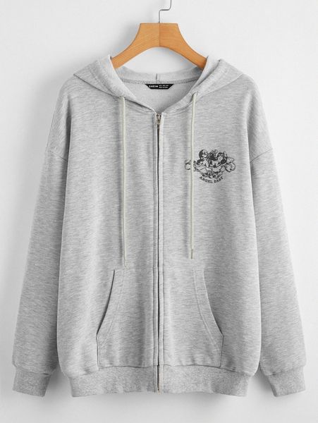 

angel and letter print drop shoulder zip up hoodie z8zt#, White;black