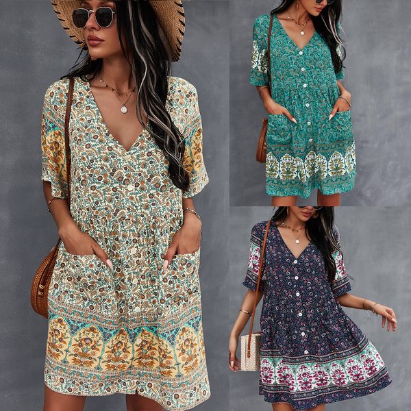 

bohemian location flower dress spring summer 2021 fashion frocks, Black;gray