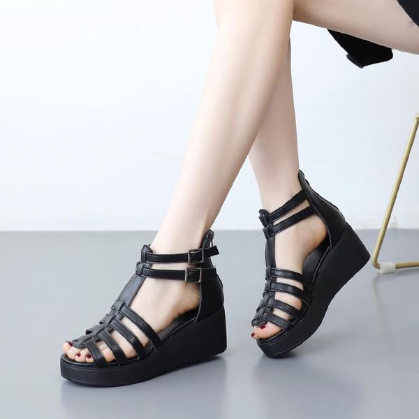 

boots sandals shoes clogs platform zipper boots-women summer ladies mid calf wedge high heel elegant lolita 2021 increased inter, Black