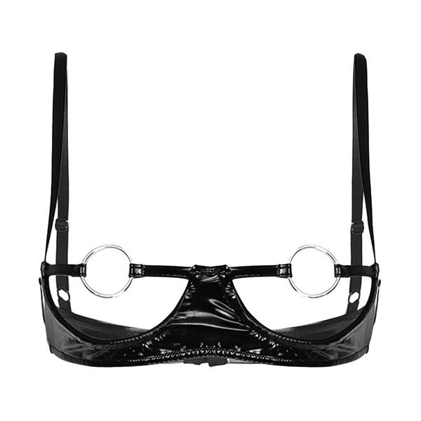 

bras womens lingerie underwear open cups o ring wireless bra adjustable straps hollow out bralette latex patent leather brassiere, Red;black