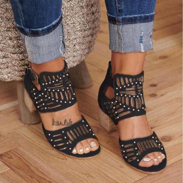 

sandals 2021 fashion style women vintage hollow out peep toe square heel wedges high heels shoes zapatos mujer, Black