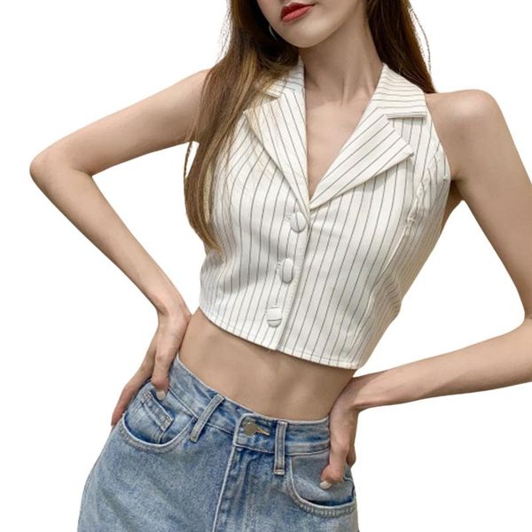 

women's tanks & camis halter crop tank sleeveless stripes print button down lapel collar camisole fashion girl street, White