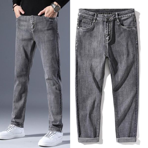 

men's jeans casual korean style trendy slim gray denim trousers micro-elastic, Blue