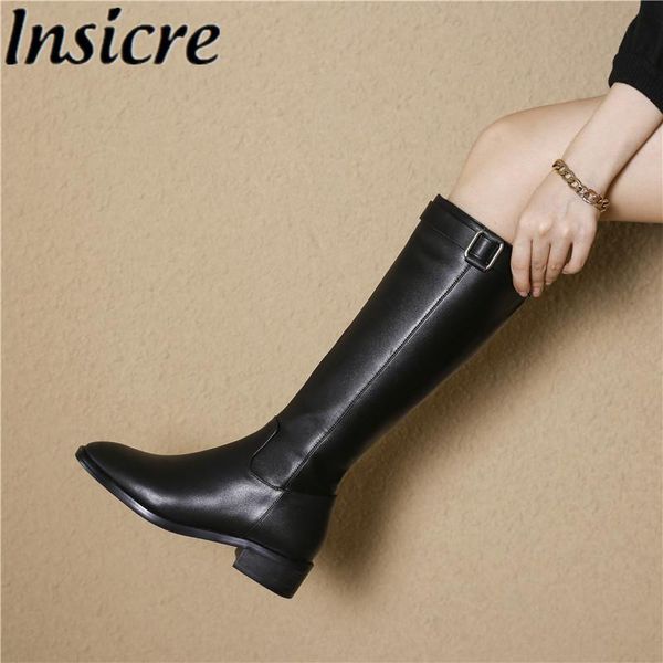 

boots insicre women knee high cow leather round toe zipper thick low heels dark brown big size 43 2021 winter shoes, Black