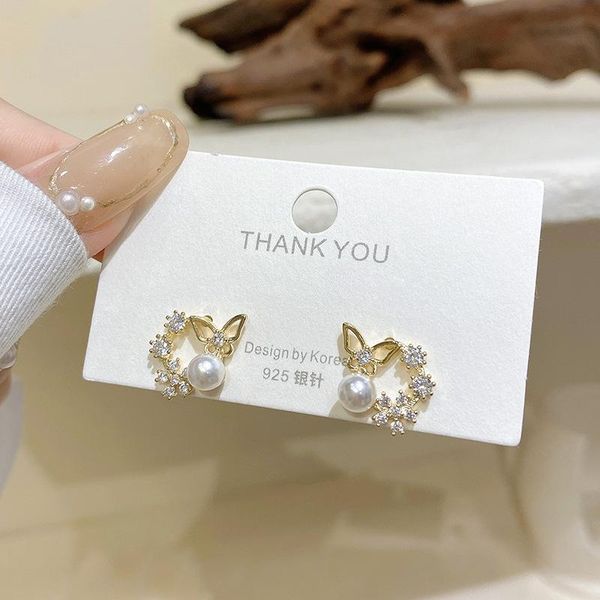 

stud origin summer temperament butterfly simulation pearl earring for women girls gold color rhinestone hollow jewelry, Golden;silver