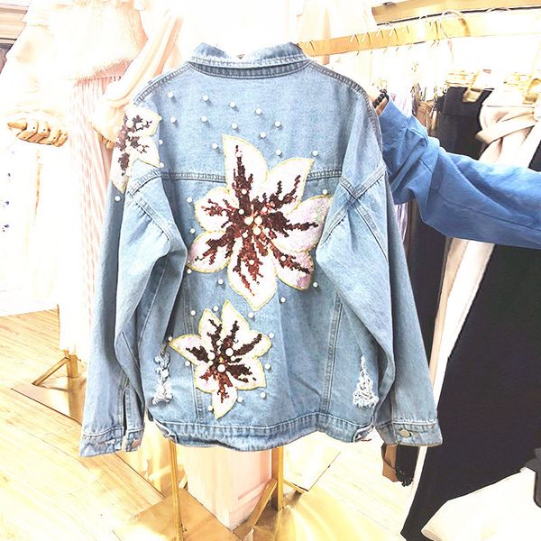 

women's jackets long-sleeve jean jacket, female autumn fashion and winter with beads sequins, holes i04t, Black;brown