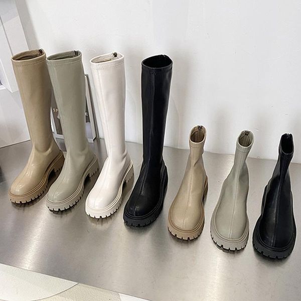 

boots women's long soft pu leather autumn shoes thick soled platform fashion ladies knee high 2021 solid color female boot, Black